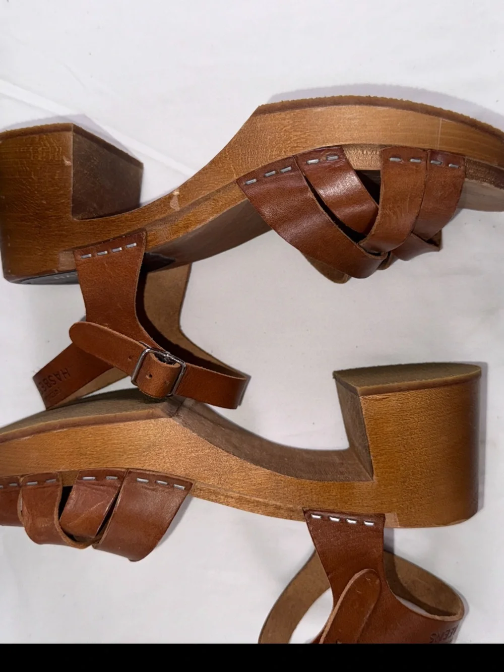 Swedish Hasbeens EU38 Clogs Sandals Cross Strap, Debutante Kringlan Heel Leather